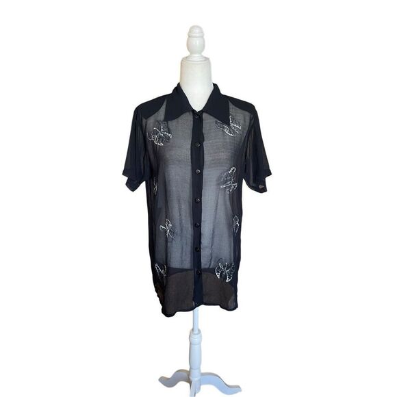 90s Liza B Paris black sheer button-down shirt with embroidered butterfly design - Picture 1 of 6